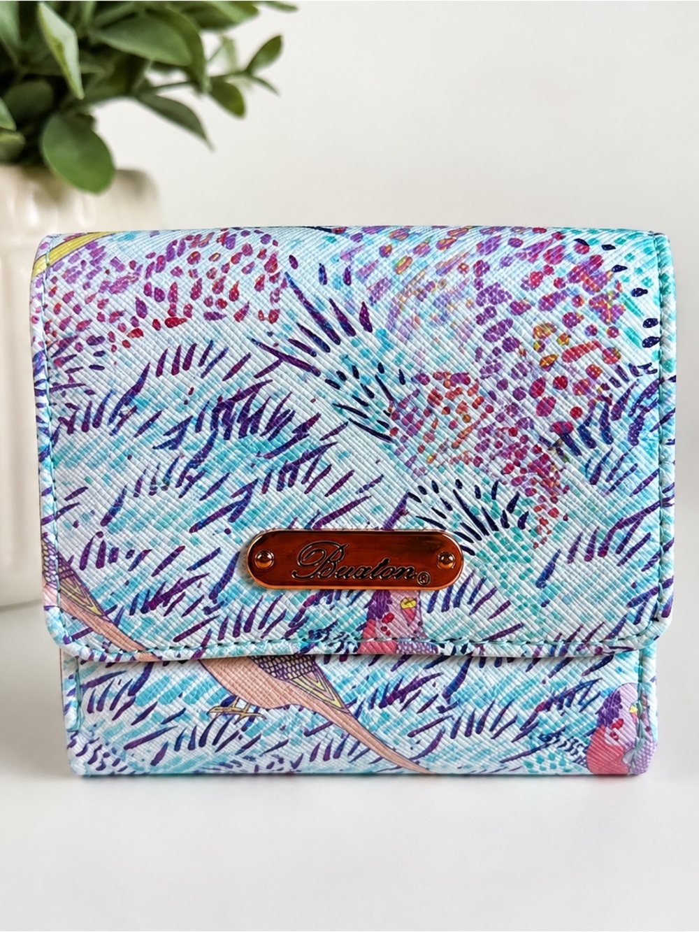 Buxton Colorful Feather Print Tri-Fold Wallet Organizer